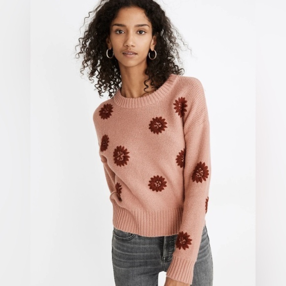 Madewell Pink Floral Crew Neck Sweater